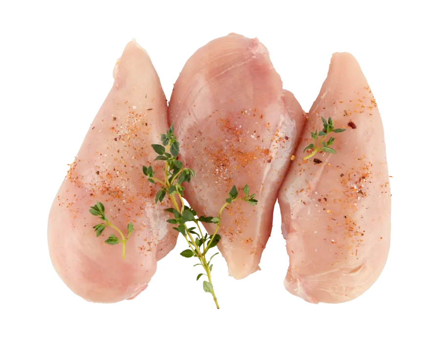 Fresh poultry meat: white breast meat without skin from broilers.